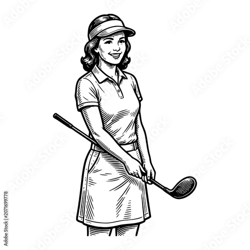 Woman golfer with club, standing and smiling, black and white line drawing for sports