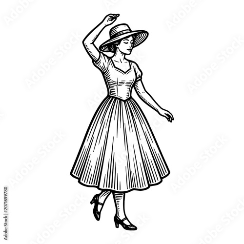 Woman in a vintage dress and hat dancing, elegant movement, isolated on white background, illustration