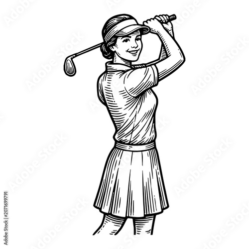Woman golfer swinging club, action shot, elegant pose, sport activity, outdoor game, leisure pursuit, athletic woman, outline illustration