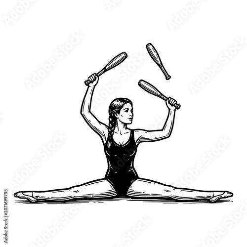 Woman performing a perfect split while juggling pins, circus performer, acrobatic skill, dynamic movement, vintage illustration