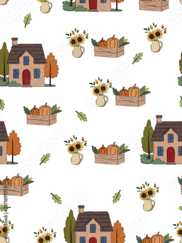 Autumn Village Seamless Pattern with Houses and Pumpkins