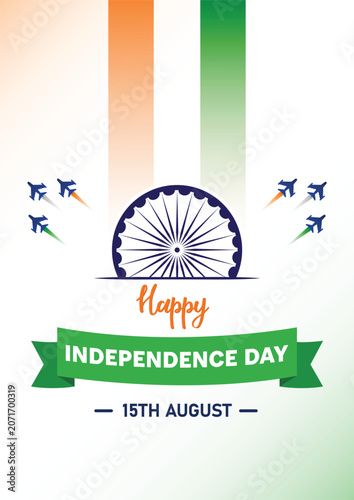 Happy Independence Day 15 August social media template with Ashoka Chakra and tricolor aircraft