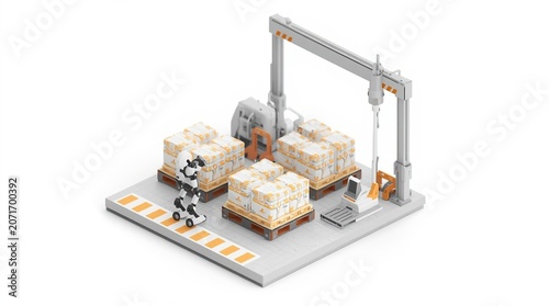 Isometric automated warehouse with robotic arm and cargo pallets