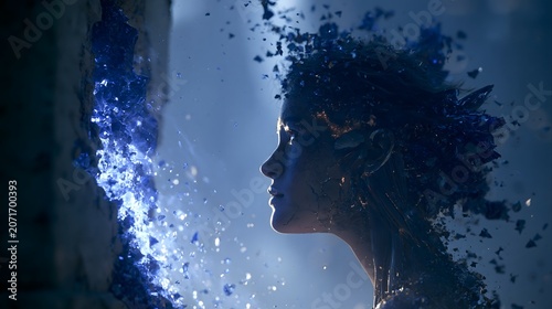 Futuristic 3D digital art backdrop featuring female face with flying particles and copy space