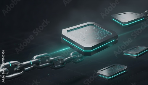 Blockchain network with connected nodes and chains in digital environment