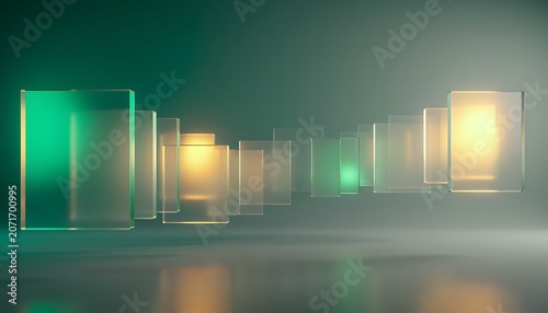 Glowing glass panels emitting green and yellow light in an abstract setting