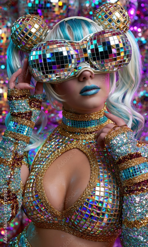 Fototapeta premium Disco queen radiates glamour with reflective accessories