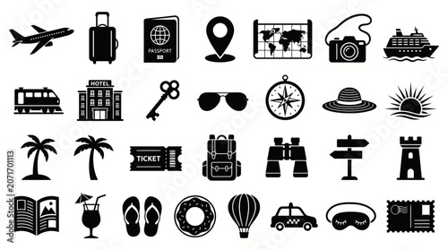 Quadro su tela Travel icons represent various modes of transportation and vacation items in a black and white flat graphic style set