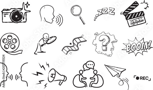 A collection of hand drawn doodle icons representing media and communication
