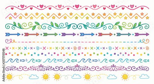 Bright and playful hand-drawn doodle divider collection featuring colorful decorative separator elements perfect for planners, journals, scrapbooks, social media graphics, invitations