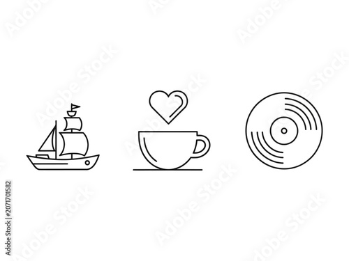 Minimalist Sailing Ship Coffee and Vinyl Icon Set