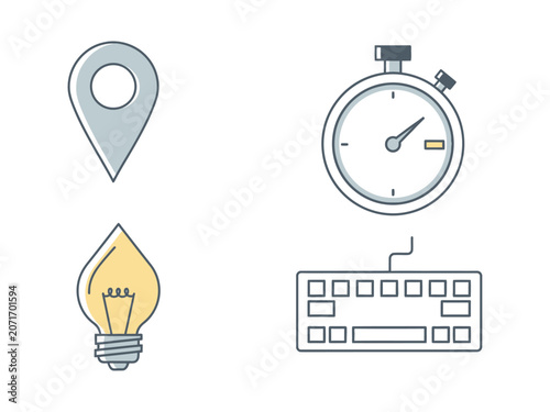Location Stopwatch Lightbulb Keyboard Icon Set