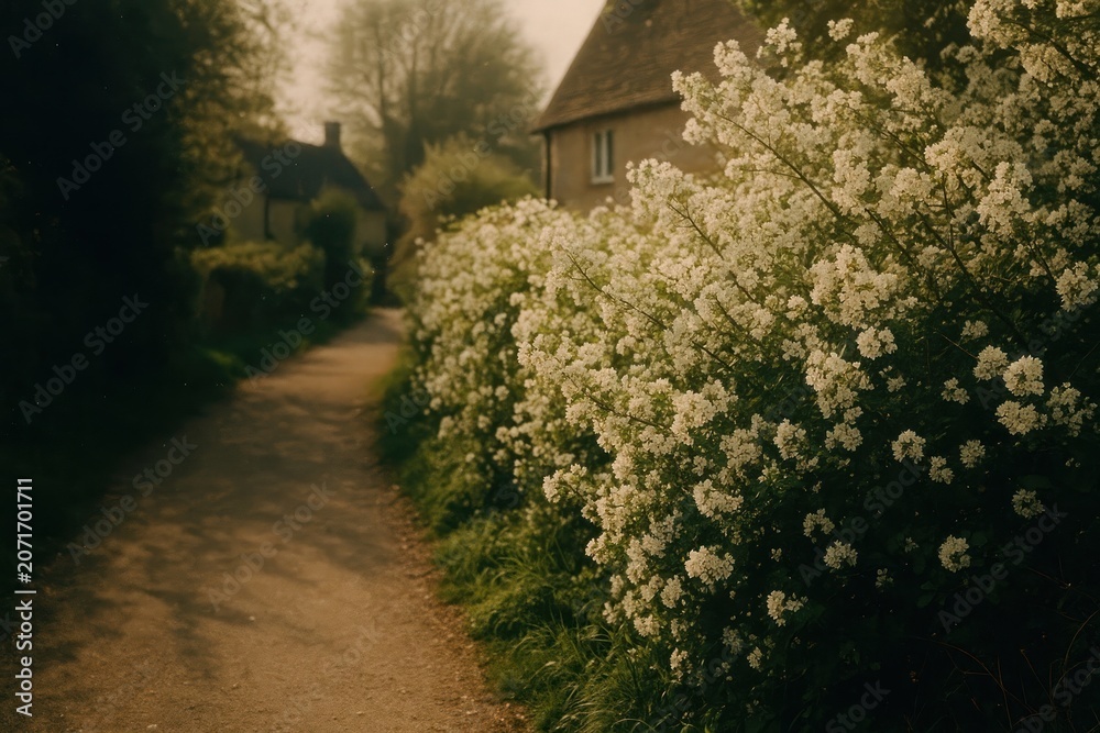 Fototapeta premium Charming countryside path with blossoms.