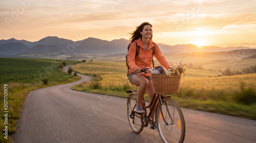 Woman cycling on country road at sunset with mountain landscape panorama