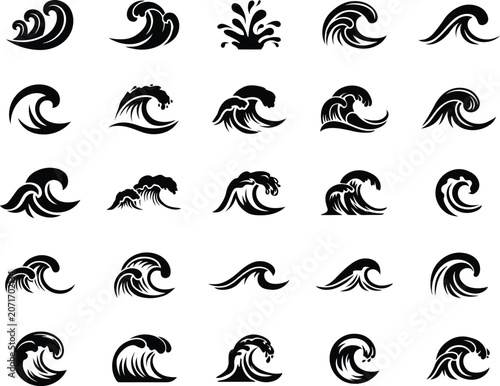 Collection of black wave icons isolated on transparent background