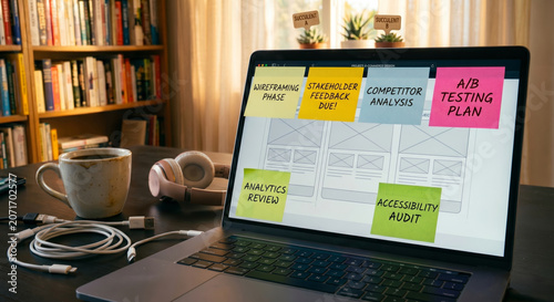 A close-up view of a laptop screen displaying a UI wireframe, covered in colorful sticky notes with tasks such as 