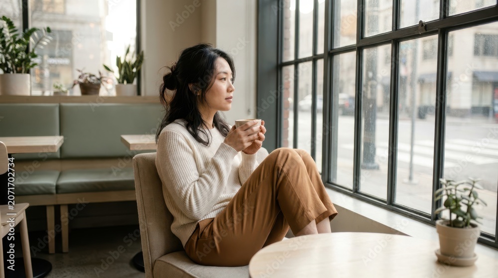 Fototapeta premium Young woman enjoying a warm beverage while looking out a large cafe window