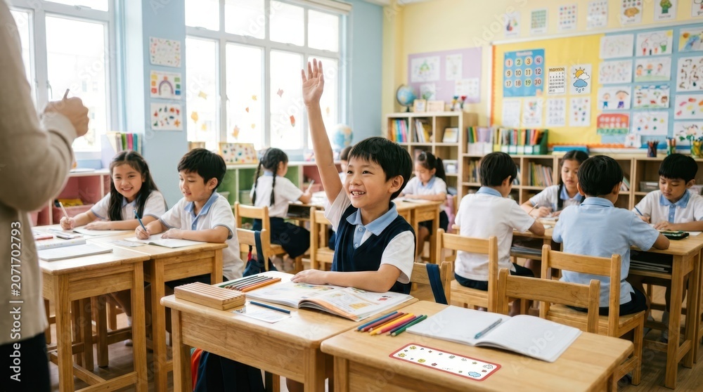Fototapeta premium Enthusiastic young student raises hand to answer question in bright classroom