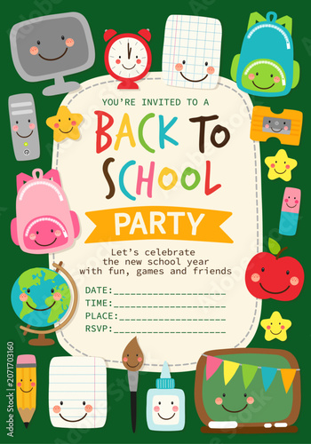 Cute Back to School Party Invitation with Kawaii School Supplies and Smiling Classroom Characters