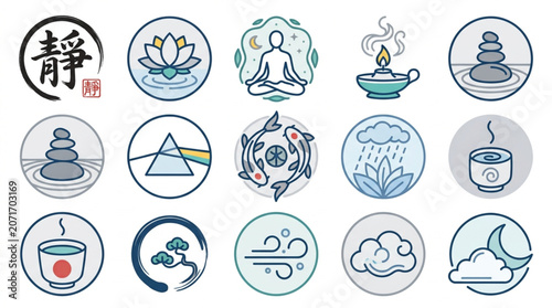 Bild auf Leinwand Collection of Circular Icons Representing Serenity and Nature.