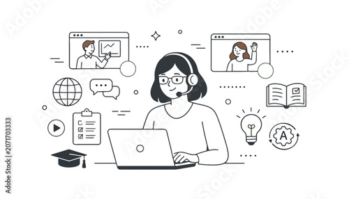 Online learning concept with student using laptop, education