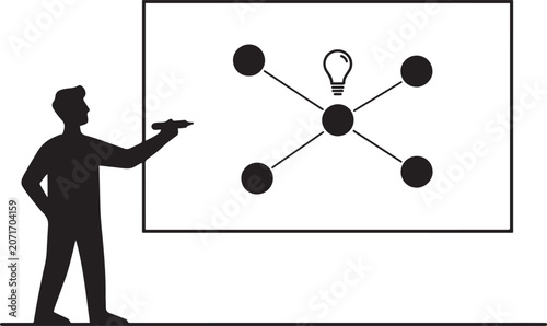Photos A man drawing a mind map on a board, compiling ideas