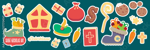 Sinterklaas sticker pack for Saint Nicholas Day. Vector cartoon icons set of traditional Dutch winter holiday symbols, gifts, mitre, carrots and sweet cookies on dark green background.