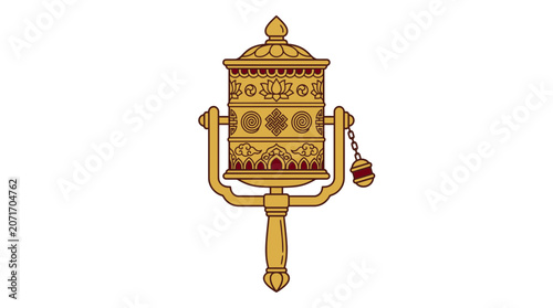 Fotografija Golden Buddhist Prayer Wheel Icon, Tibetan Spiritual Symbol, White Background