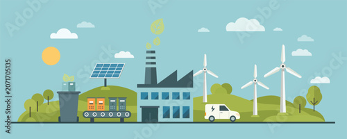 Flat vector illustration of green energy factory using solar power, wind turbines, battery systems and electric vehicles for sustainable industrial production.