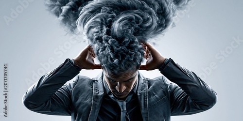 Overwhelmed man battling internal chaos and mental distress