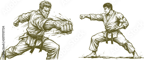 Karate martial arts fighters in combat stance throwing powerful punches in kimono clothing.