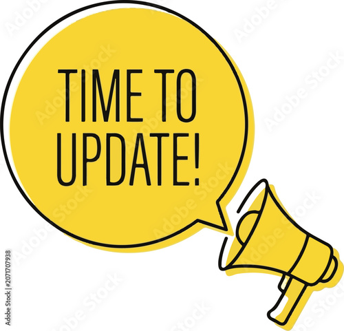 Time to update announcement megaphone. Bullhorn with speech bubble notification. Flat vector illustration for software upgrade, business alert, marketing message, and system maintenance. Yellow line a