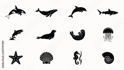Detailed marine life icon set showcasing ocean inhabitants and sea creatures in black.