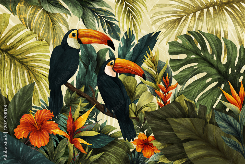 Fototapeta premium Tropical jungle background with toucans and exotic flowers