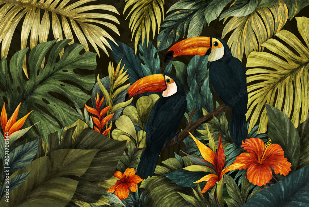Fototapeta premium Tropical jungle background with toucans and exotic flowers