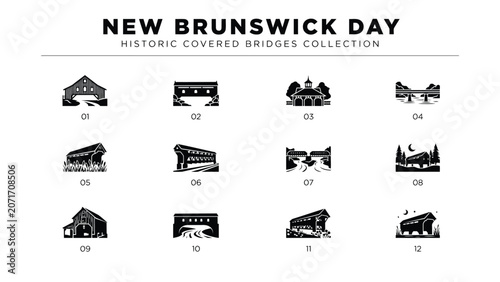 Fotografie New brunswick day collection of twelve distinct historic covered bridge designs in black