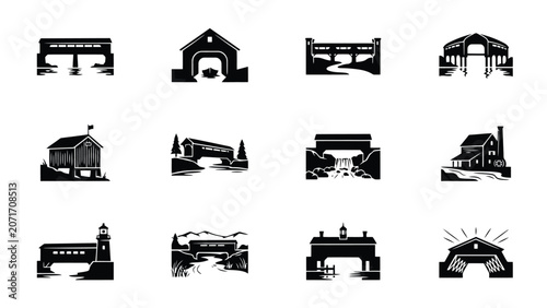 Twelve black silhouettes of historic covered bridges and mill building scenes for design.