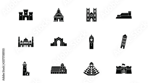 Icon collection of world landmarks historical architecture towers and famous monuments set.