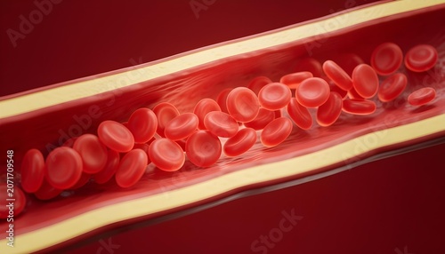 Close-up 3D render of red blood cells flowing through a blood vessel