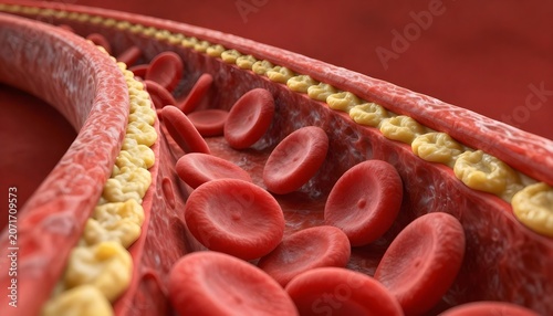 Close-up 3D render of red blood cells flowing through an artery with plaque buildup