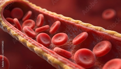 Detailed 3D rendering of red blood cells in a human blood vessel