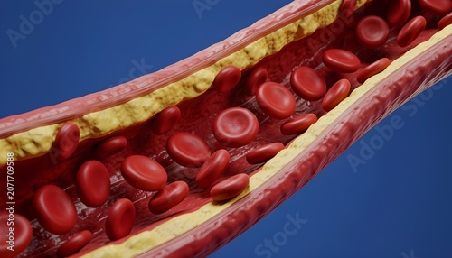 Close-up 3D render of red blood cells flowing through a blood vessel