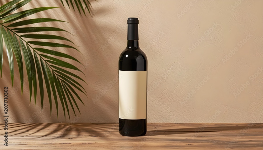 Fototapeta premium Dark wine bottle with blank label on wooden table, tropical leaf shadow