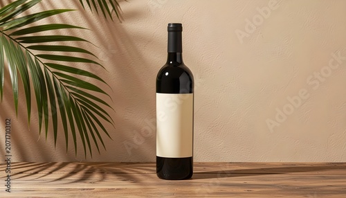Dark wine bottle with blank label on wooden table, tropical leaf shadow