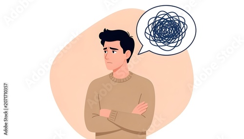 Young man with crossed arms looking thoughtful with tangled thoughts in speech bubble
