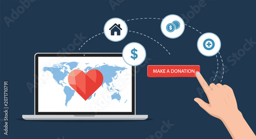 Online donation platform shown on a laptop screen with icons for housing, medical aid, and financial support being selected by a user.
