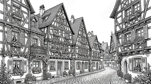 Fotografija Charming European Medieval Town Street with Half-Timbered Houses and Cobblestone