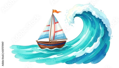 Watercolor sailboat navigates a large ocean wave with a white background