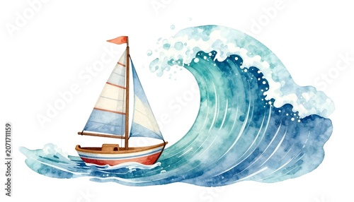 Watercolor sailboat navigates a large ocean wave with white background