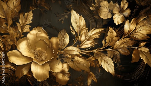 Beautiful Fantasy Vintage Wallpaper Decay Gold Botanical Flower Gold Leaf Bunch Vintage Motif For Floral Print Digital Background Generative Ai